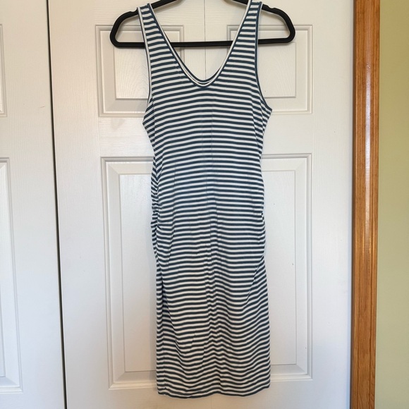 A PEA IN THE POD Blue Stripe Tank Midi Dress Stretch Jersey Rouching Maternity - Picture 4 of 8